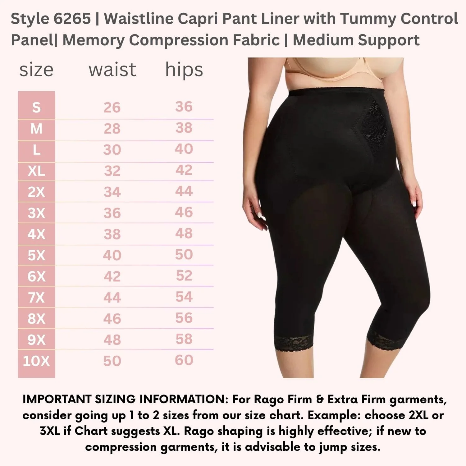 Style 6265 | Waistline Capri Pant Liner with Tummy Control Panel| Memory Compression Fabric | Medium Support - Image 13