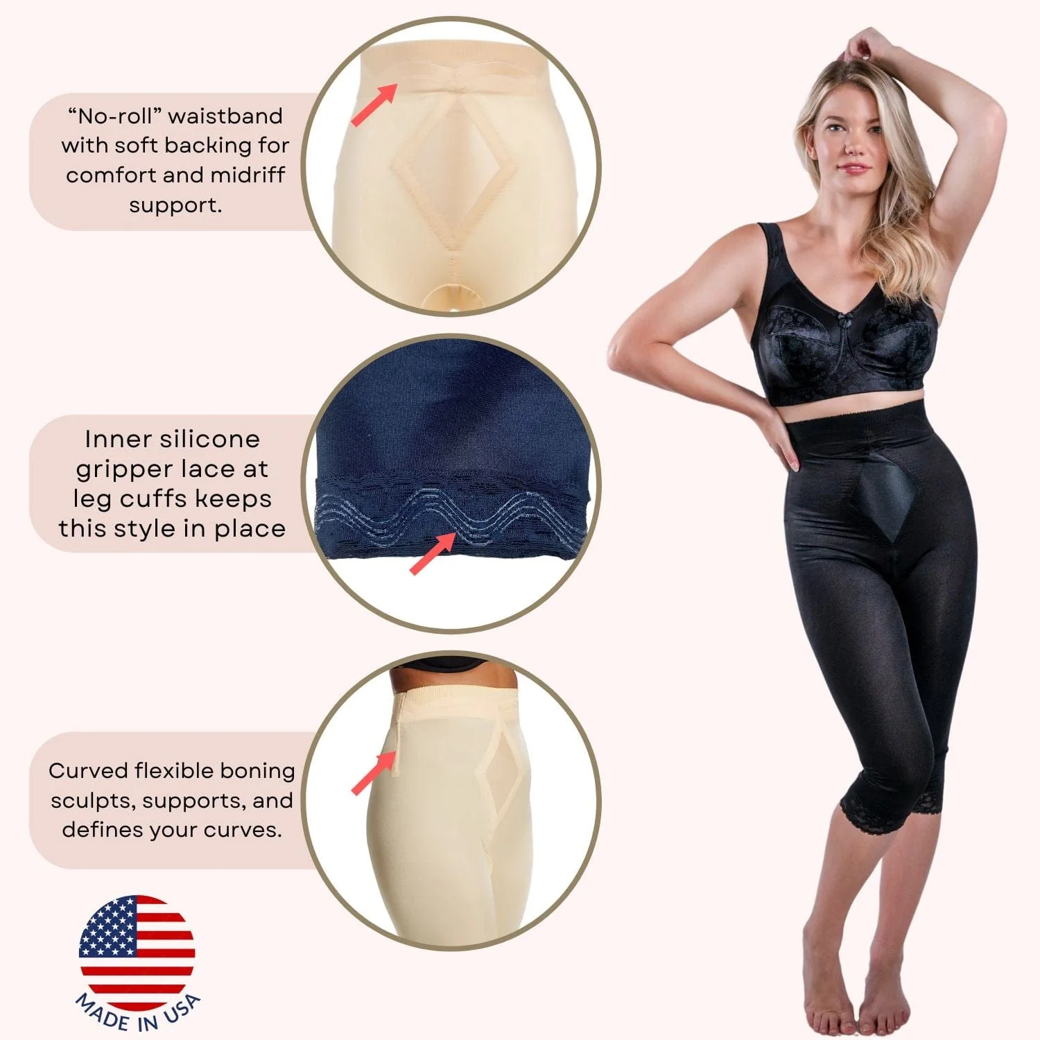 Style 6266 | High Waist Capri Pant Liner with Tummy Control Satin Panel| Memory Compression Fabric | Medium Support - Image 7
