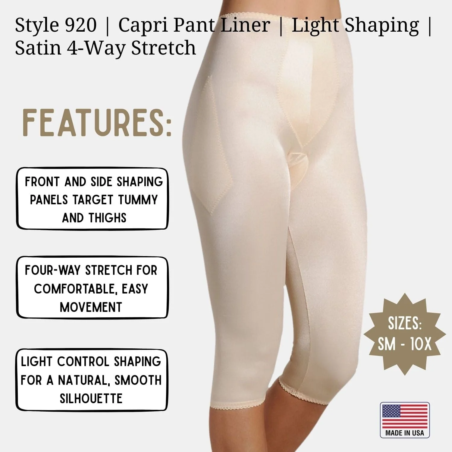 Style 920 | Capri Pant Liner Light Shaping | Satin 4-Way Stretch - Image 15